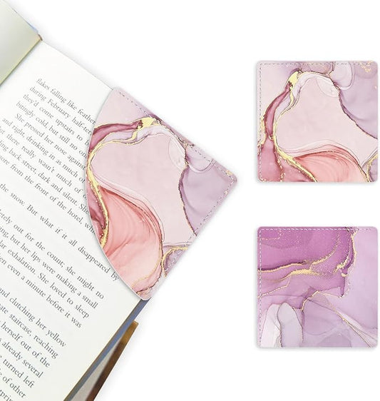 2 Pack Leather Pink Marble Book Corner Bookmark, Durable Handmade Reading Accessories - Gifts for Readers, Women, Men, Teachers, Students