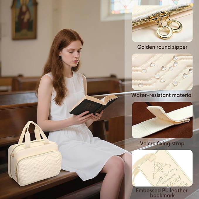 FINPAC Large Bible Cover Case for Women, Bible Study Supplies Journaling Kit with Shoulder Strap, Christian Gifts Church Bag, Beige