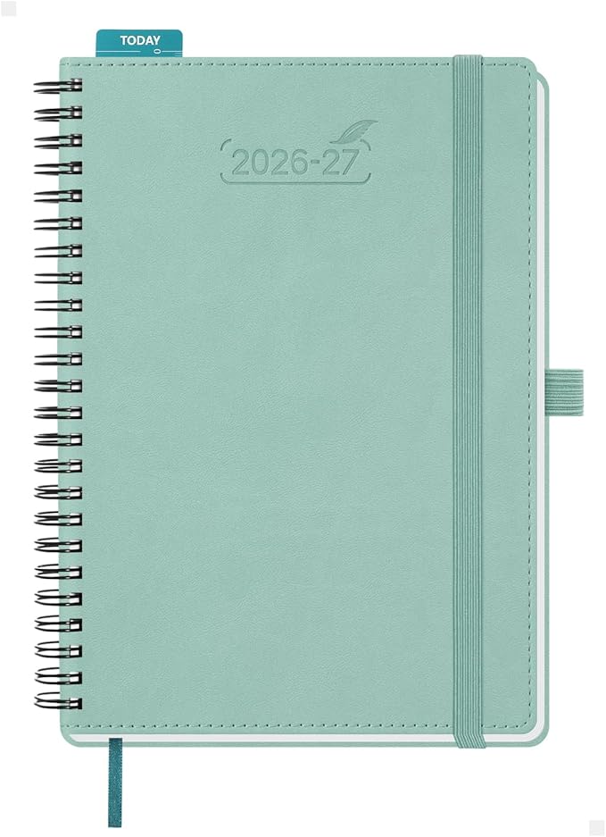 BEZEND Weekly Planner 2026-2027 (6" x 8.5") with Hourly Timeslots (Jul 26-Dec 27) 18 Months Academic Calendar & Monthly Tabs, for Students, Work & Home, Spiral PU Leather Softcover -Mint Green