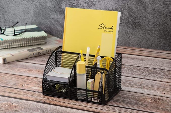 Desk Organizer with Drawer, Desktop Wire Mesh Sorter with 6 Compartments for Pens, Pencils and Letters. Black