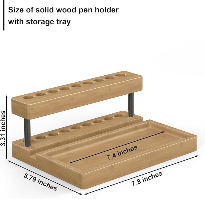 Wooden Holder for Office Desk, Solid Wood Pen Display Stand With 9 Slots and Cell Phone Holder, Aesthetic Pen Organizer for Minimalist Office Desk Decor (Tray+Black)