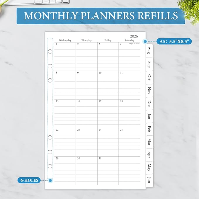 2026-2027 Monthly Planner Refill, A5 Medium Planner Inserts for 6 Holes, 5.5"x8.5", Jul. 2026 - Dec. 2027, 12 Monthly Calendars with Laminated Tabs, 6-Hole Punched