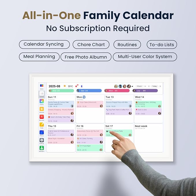 15.6-Inch Smart Digital Calendar & Photo Frame for Family, Wall Planner with Auto-Sync to Apple, Google & Outlook, Touchscreen Display with Chore Chart, To-Do Lists & Meal Planner, White Frame, No Subscription