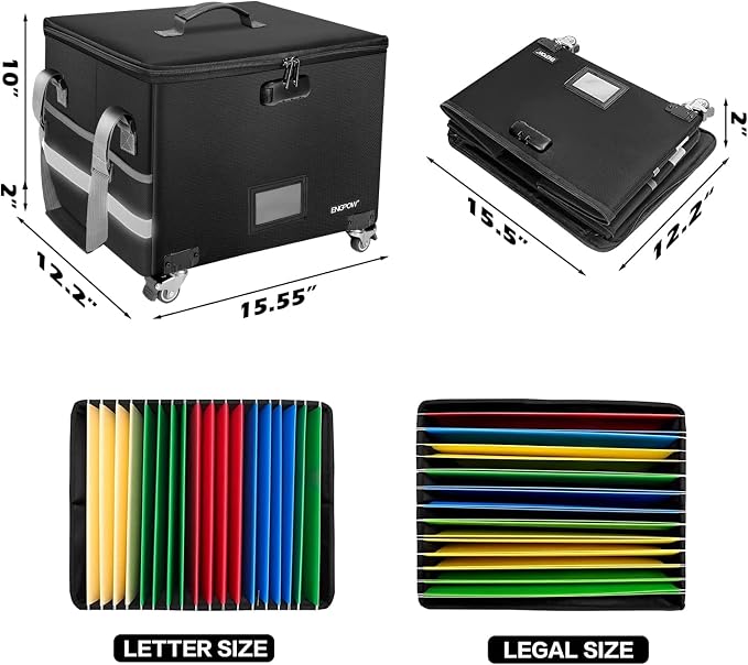 ENGPOW Fireproof Document Box with Wheels, Collapsible File Box with Lock, Rolling File Storage Organizer Filing Cabinet with Pockets, Portable Home Office Safe for Hanging Letter/Legal Folder, 2 Pack