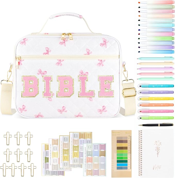 Personalized Initial Bible Cover Case for Women, Large Quilted Bible Bag with Durable Handle, Stylish Church Bag Journaling Kit with Study Supplies Accessories, Christians Gifts for Women (Pink)