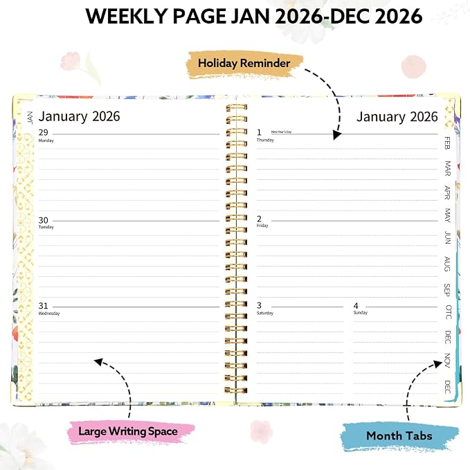 2026 Planner, Weekly and Monthly Planner, January 2026 - December 2026, Calendar Planner A5 (6.5" x 8.5") with Tabs, Inner Pocket for Home School Office Supplies, Red Flower