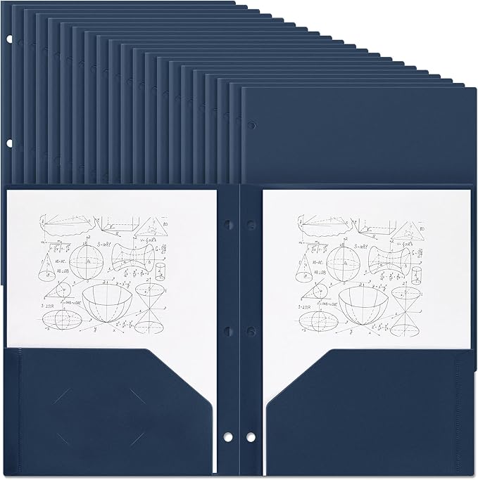 Yeaqee 100 Pcs Plastic Folders with Pockets Bulk 3 Hole Punched 2 Pocket File Folders for 3 Ring Binder Divider Folder for Notebooks, Durable Poly for Office Home (Navy Blue)