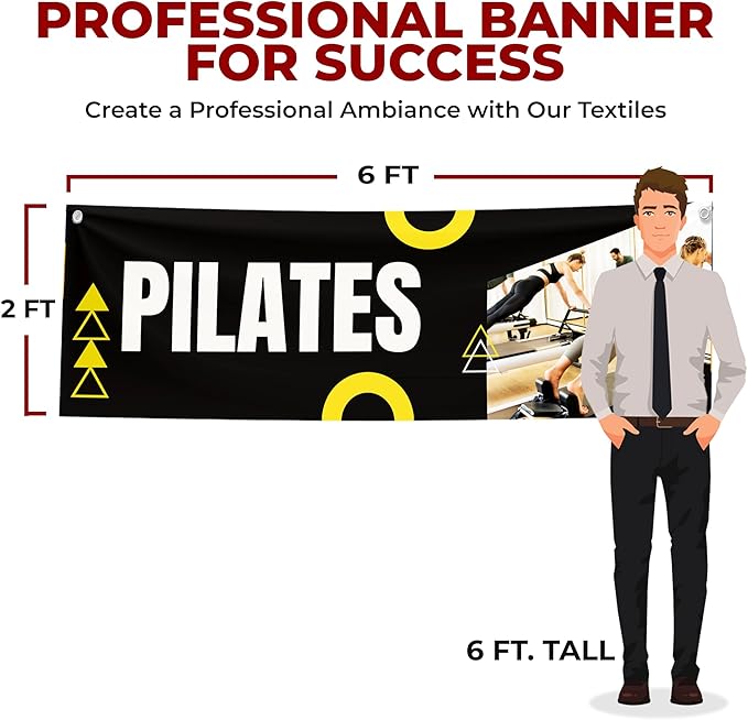 Pilates Large Banners and Signs for Outdoor by Mavis Printing-Polyester Banner with 4 Holes for Easy Hang Indoor & Outdoor|4x1 Feet HD Banner to Promote Church| Made in USA