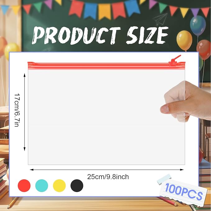 ReliThick 100 Pack Zipper Pouches Bags Bulk 10x6.7 Inches Pencil Pouches Case Waterproof Small Zipper Bags for Travel Cosmetics Office Supplies Storage(Black, Red, Yellow, Green)