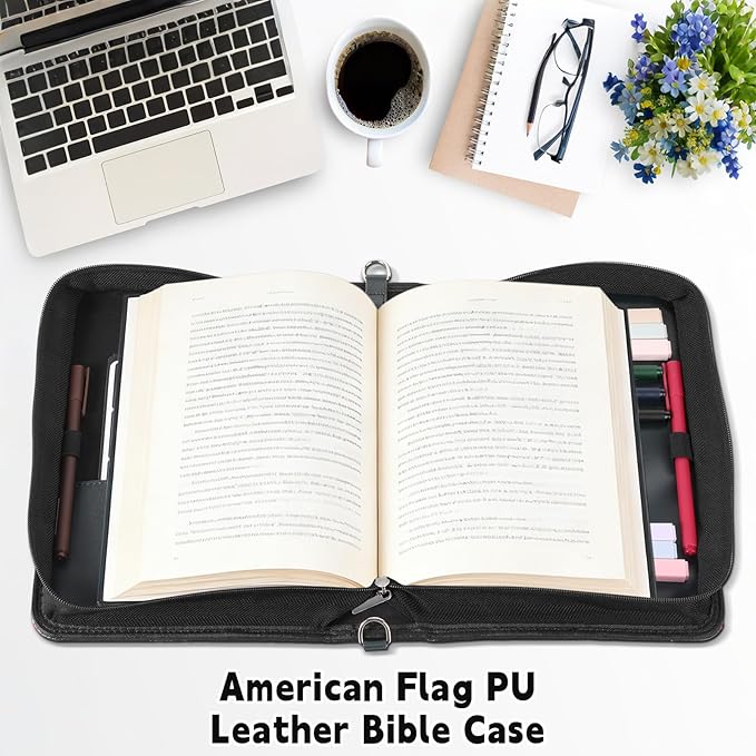 19PCS American Flag Leather Bible Cover for Men Bible Cover Cases for Mens Boys Christmas Gift Christian Carrying Bag Journaling Kit with Shoulder Strap Highlighter Pens & Book Marker Study Supplies