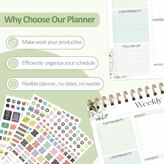 Weekly To Do List Notepad, 52 Sheets Undated Weekly Planner, 8.5"x11" Letter Size Horizontal Desk Pad with 100GSM Thick Paper, Twin-Wire Spiral Bound Tear Off Lined Organizer for Office Work, School & Home