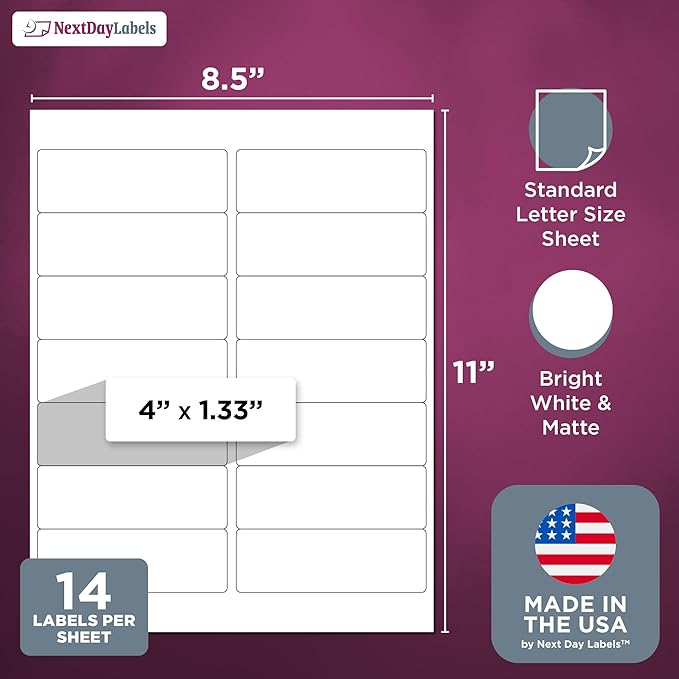NextDayLabels 4x1.33 Inch Rectangle Stickers White Blank Labels for Laser Inkjet Printer - 14 Per Sheet Self-Adhesive Address Mailing Barcode Made in USA - 14,000 Labels