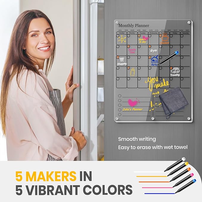 Magnetic Calendar for Refrigerator, Thick Acrylic Fridge Calendar with Strong Magnets, Clear Dry Erase White Board, 2in1 Monthly Weekly Planner, Family Organizer with 5 Color Visible Marker (Black)