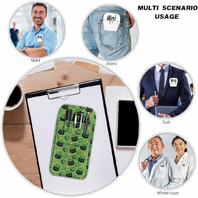 chaqlin PU Leather Pocket Protector, Pen Organizer for Men Women Shirt Leather Pen Protect Holder Can Hold 4 Pens Pencil Pouch for Lab Coats (St. Patrick Cats)