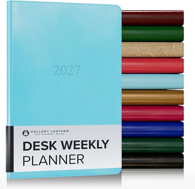 Gallery Leather Desk Weekly Monthly Planner 2027, Elegantly Bound Calendar Planner and Notebook with Stylish Gold-Gilded Page Edges, 12 Months - Acadia Pool - 8x5.5"