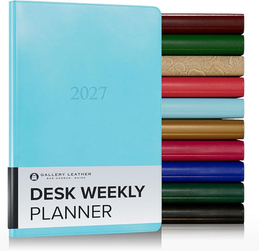 Gallery Leather Desk Weekly Monthly Planner 2027, Elegantly Bound Calendar Planner and Notebook with Stylish Gold-Gilded Page Edges, 12 Months - Acadia Pool - 8x5.5"