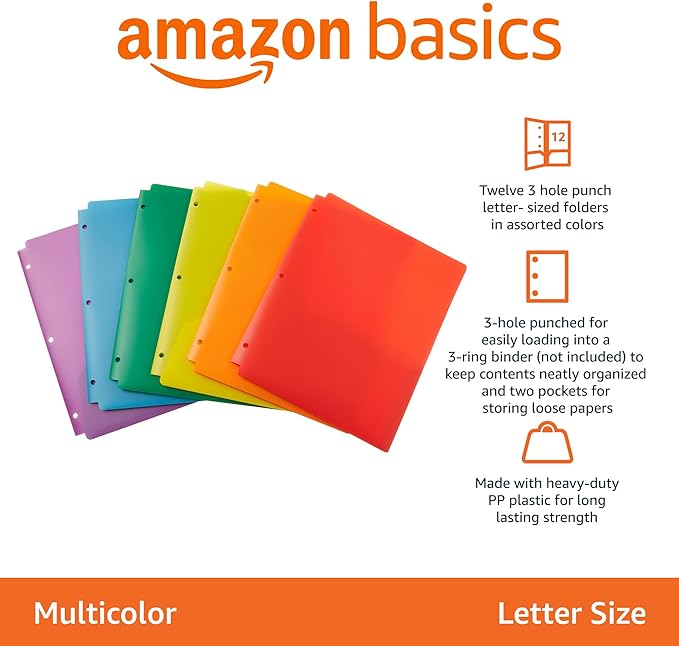 Amazon Basics Plastic 3 Hole Punch Folders with 2 Pockets for Documents, Letter Size 8.5 x 11 inches, School Supplies, Assorted Colors, Pack of 12