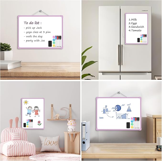 Purple Frame Small Dry Erase Board for Wall, 16" x 12" Double-Sided Hanging Whiteboard with 4 Markers, 4 Magnets and 3 Mini Sticky Notes, Portable Whiteboard for Home, Office, School