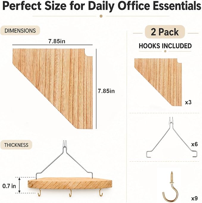 3 Pack Cubicle Corner Shelf with Hooks, Wooden Fabric Wall Organizer for Office Desk Storage, Tool-Free Cubicle Accessories for Work Decor