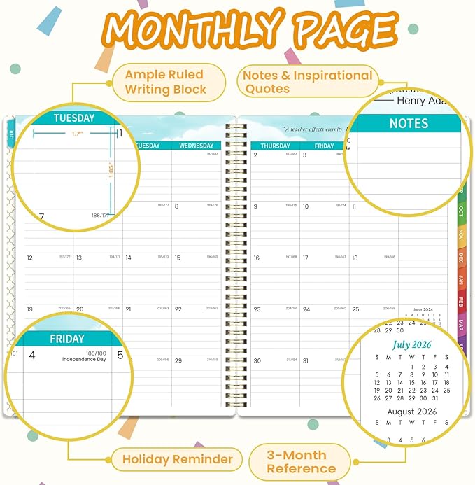 Teacher Planner 2026-2027 - Teacher Lesson Planner, July 2026 - June 2027, 2026-2027 Teacher Planner, Hardcover Planner With Clip & Double-sided Pocket, 9" x 11", Colorful Design