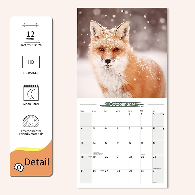 2026 Wall Calendar Fox Planner Calendar, Hangable Monthly Wall Calendar with Large Blocks for Organizing & Planning, Academic Schedule, Home, Office & Family, Thick & Sturdy Paper (12"x24" Open)
