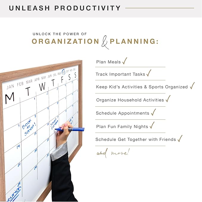 MCS Dry Erase Calander 24x24 Walnut Framed Monthly Calendar for The Wall, Stay Organized with Family Planner for Appointments, Sports, Events & More