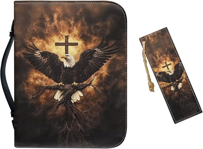 Large Bible Cover Case for Women Men Bald Eagle and Cross Print PU Leather Bible Case with Bookmark Church Bag Book Carrying Case Bible Cover for Women Men Bible Case for Men Women