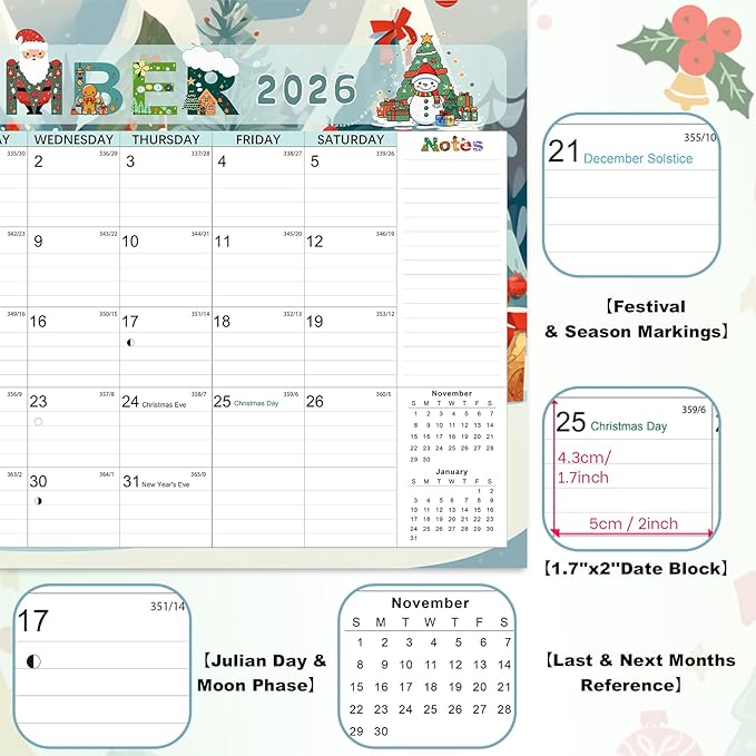 AECCN Calendar 2026-2027, 18 Months Wall Calendar 2026-2027 with Stickers, 17" x 12" Anti Ink Bleed, Durable Thick Paper, Seasonal Calendars for Home, Office, Student and Teacher Supplies- Colorful