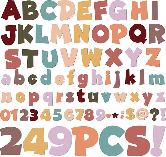 249 Pcs Bulletin Board Letters Set, 4 Inch Colorful Alphabet Numbers & Punctuation Cutouts with Adhesive Dots for Classroom Wall & School Decor (Boho)