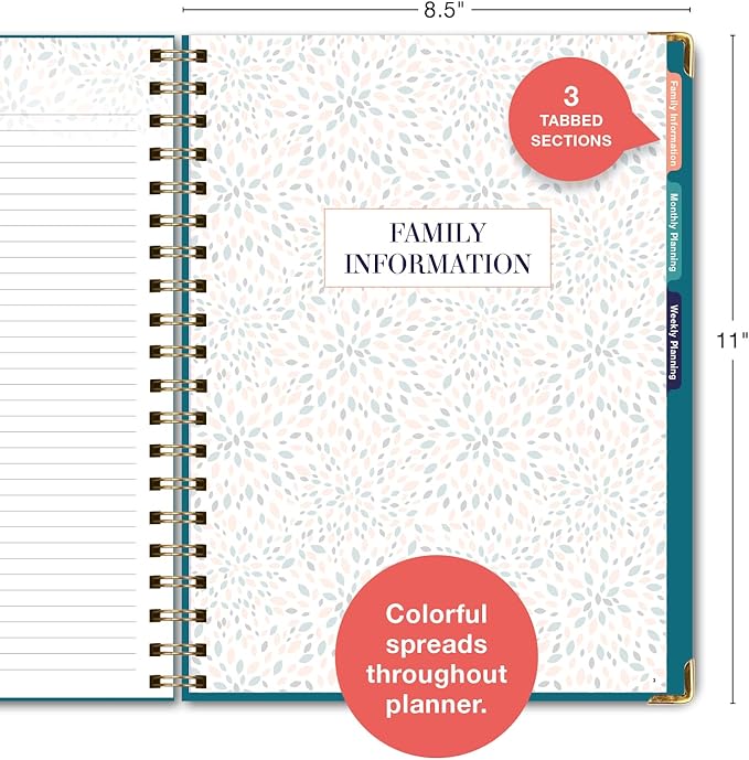 Undated Family Planner Organizer – 8.5" x 11" Weekly & Monthly Calendar for 5+ People, Meal Planning, Budgeting, Habit Tracker – Hardcover, Household Schedule Organizer for Parents, Kids, & Caregivers (Teal Floral)