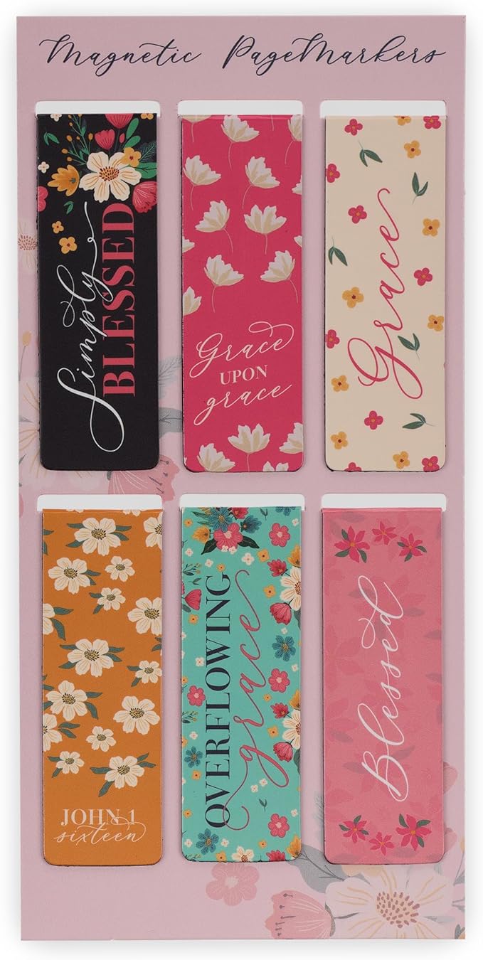 Christian Art Gifts Magnetic Scripture Bookmark/Pagemarker Set for Women: Overflowing Grace - Set of 6, Inspirational Scripture Verses for Bibles, Books, Diaries, Notebooks, Multicolor Floral, Small