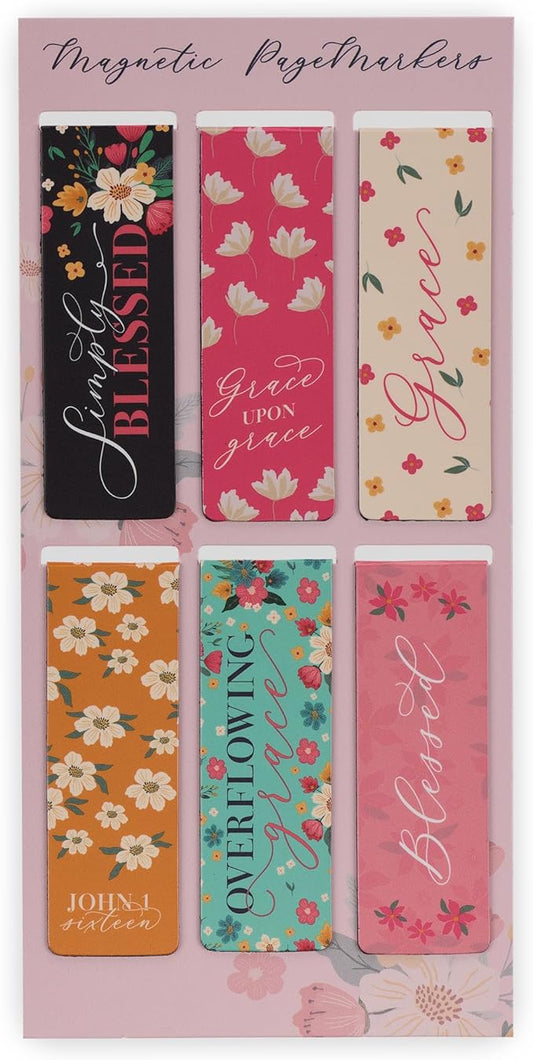Christian Art Gifts Magnetic Scripture Bookmark/Pagemarker Set for Women: Overflowing Grace - Set of 6, Inspirational Scripture Verses for Bibles, Books, Diaries, Notebooks, Multicolor Floral, Small