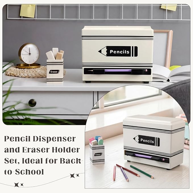 Gueevin 2pcs Pencil Dispenser for Classroom, Fun Desk Organizer with Eraser Holder, Interactive Pencil Storage for Teachers, Students & Homeschool Desk Organizer, Back to School Supplies(White)