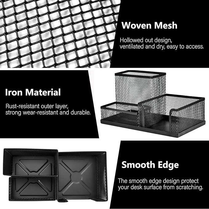ASTIMESA 2 Pcs Metal Pen Organizer for Desk with 3 Compartments, Office Desktop Organizer Pencil Cup Caddy for Stationery Marker Storage School Home Supplies(Black，Silver (Black)