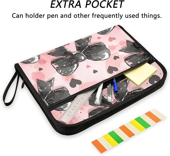 Expanding File Folder Black Bow Heart Pink Accordion File Organizer 13 Pockets Document Organizer with Zipper Labels A4 Letter Office Storage