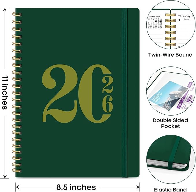 2026 Planner, Weekly and Monthly Calender Planner, Jan 2026 to Dec 2026, Hardcover 2026 Calendar Book with Tabs & Inner Pocket, Office Home School Supplies for Women & Men - A4 (8.5" x 11"), Dark Green