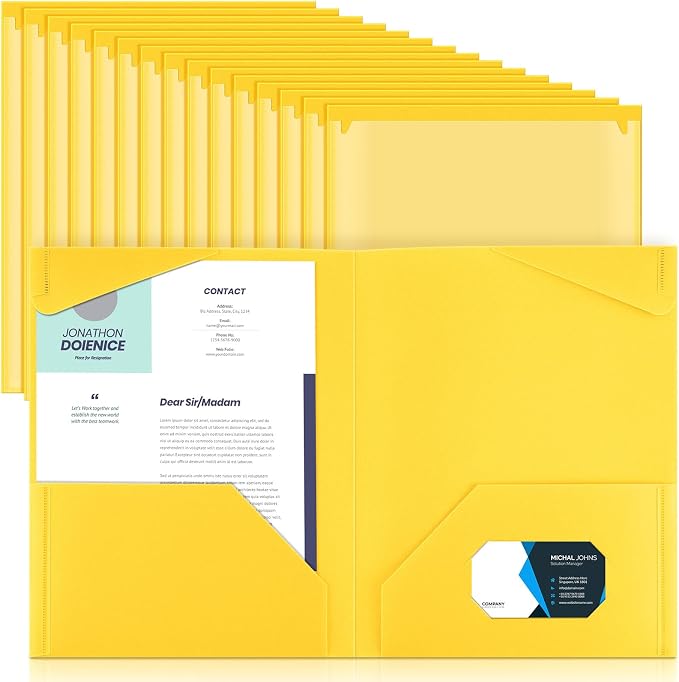 Henoyso 36 Pack Yellow Plastic Folders with Clear Front Pockets Heavy Duty File Folders with 2 Pockets and Card Slot for Student Communication School Office Presentation Report