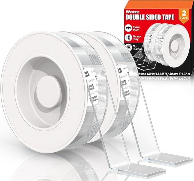 Wotec 2 Pack Extra Large Double Sided Tape Heavy Duty Removable 1.18 Inch x 160 Inch, Clear & Tough Nano Tape, Multipurpose Mounting Tape Picture Hanging Strips Adhesive for Poster Carpet