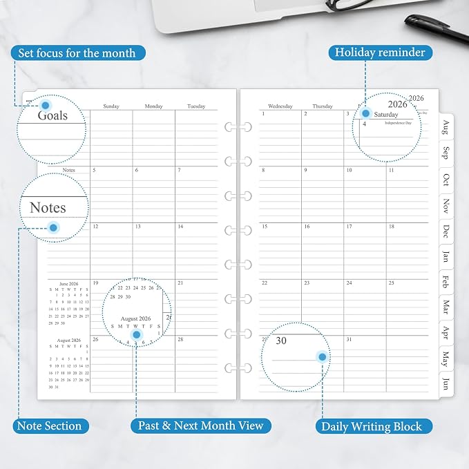 2026-2027 Monthly Planner Refill, A5 Medium Size Planner Inserts for 8-Disc Discbound, 5.5"x8.5", Jul. 2026 - Dec. 2027, 18 Monthly Calendars with Laminated Tabs