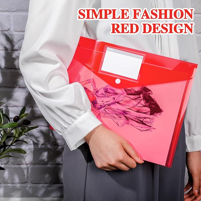Lincia Plastic Envelopes A4 Size Poly Envelopes File Folders Work Document Holder Office Paper Plastic File Organizer with Label Pocket Snap Button Home Bag for School(Clear Red,24 Pcs)