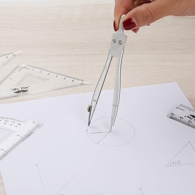 Mr. Pen- Geometry Set, 13 pcs, 3 Metal Compasses, Protractor, 6" Ruler, 45° & 30°/60° Set Squares, Pencils, Lead Refills, Sharpener & Eraser for Math, Drafting & Classroom Use