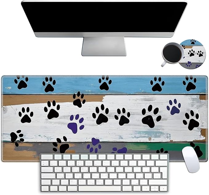 Mouse Pad Gaming Mousepad 31.5x11.8 Inch XXL Large + Coasters,Desk Mat with Stitched Edges, Non-Slip Rubber Base, Thick Mouse Pad for Computer, Laptop, Office & Home - Wooden Plank Cat Paw Print