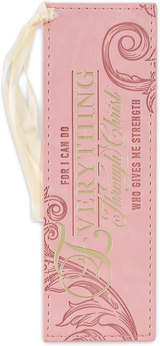Christian Art Gifts Pink & Gold Faux Leather Premium Bible Verse Bookmark for Women: Everything Through Christ - Philippians 4:13 Inspirational Scripture w/Satin Ribbon, Cute, Sturdy, Floral Debossed