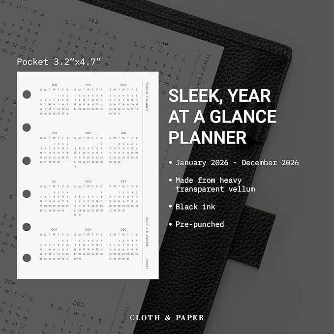 Cloth & Paper 2026 Year At A Glance Single Insert Dashboard for Pocket Size 6 Ring Planner - 3.2 x 4.7 Inches | Transparent Vellum, Elegant Annual Calendar Insert for Small Organizers