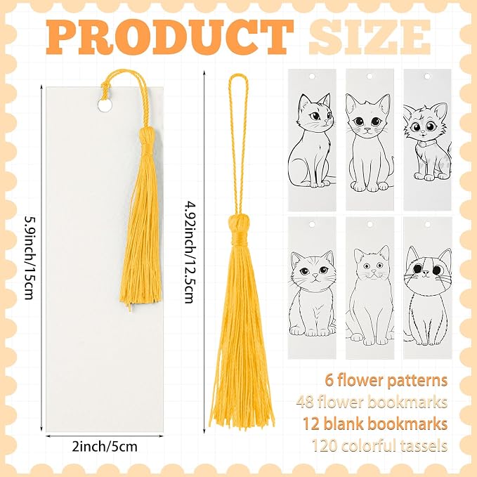 Sinmoe 120 Pcs Color Your Own Bookmarks 6 Styles Watercolor Bookmarks to Paint Card Stock Paper Watercolor Colorful Tassels Craft DIY for Classroom Projects Gifts Tags 5.9 x 2 Inch(Cat)