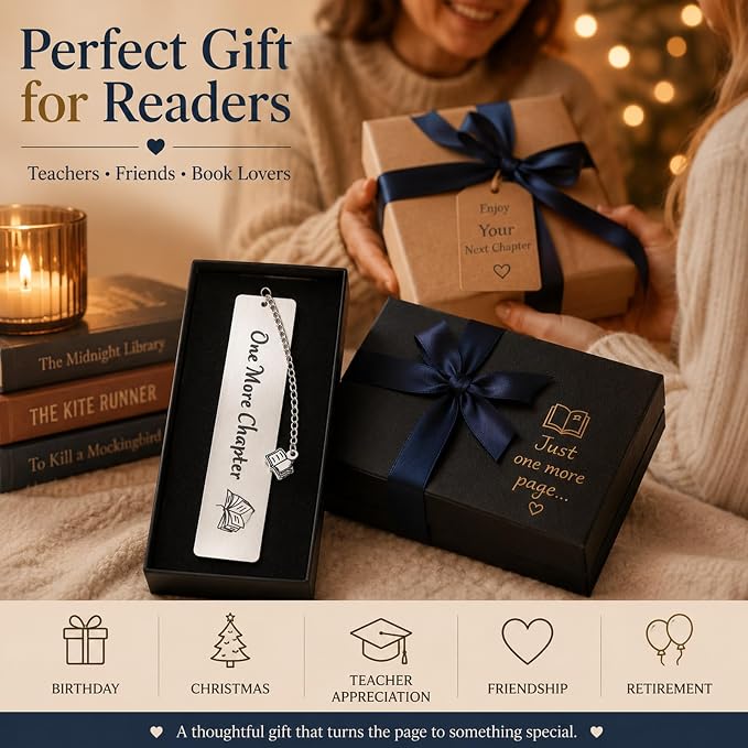 One More Chapter Metal Bookmark, Stainless Steel Book Marker for Women & Men, Book Lover Gifts for Readers, Reading Accessories, Teacher Birthday Retirement Gifts