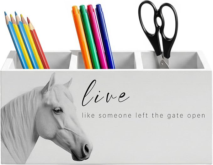 Inspirational White Horse Pen Holder for Home Office Desk, Horse Lover Gifts, Live Like Someone Left the Gate Open Motivational Wooden Box Sign Pencil Holder for Desk Shelf Organizer