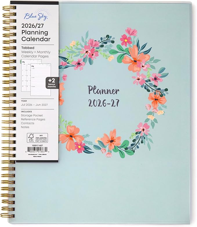 Blue Sky 2026-2027 Weekly and Monthly Academic Year Planner Calendar, July 2026 - June 2027, 8.5" x 11", Flexible Cover, Wirebound, Laminated Tabs, Storage Pocket, Laurel