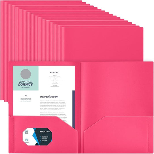Gueevin 100 Pack Plastic Folder with Pockets, 2 Pocket Folders, Plastic Glossy Folders Fit Letter Size Paper, Heavy Duty Durable File Folder with Business Card for Home Office School (Hot Pink)