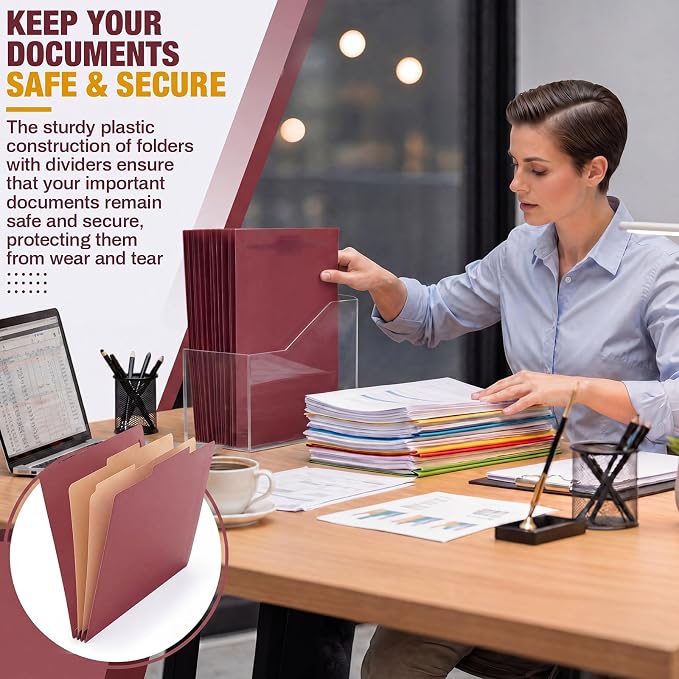 12 Pack Plastic Classification Folders with 2 Dividers & Fasteners, Heavy Duty 3.5” Expansion Letter Size File Folders for Law Client Files, Medical Records & Office Reports(Dark Red)